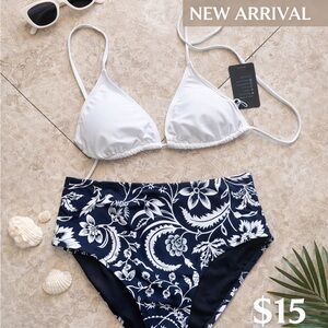 White and Navy Floral Bikini Set